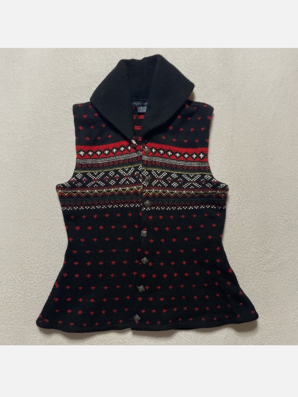 Ralph Lauren Black Sleeveless cashmere Fair Isle Vest with Red Accents M